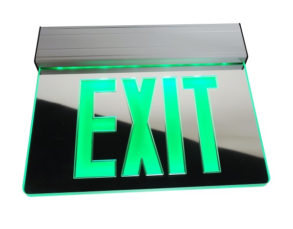 An illuminated emergency exit sign with the word 'EXIT' in bright green on a reflective black panel, with a silver metal mounting bracket above.