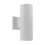 A minimalist white cylindrical wall sconce with a flat rectangular mounting bracket, shown against a solid white background.