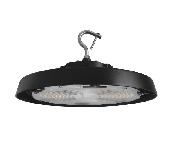 A black high-bay LED hanging light fixture with a curved metal hook at the top, shown against a plain white background.