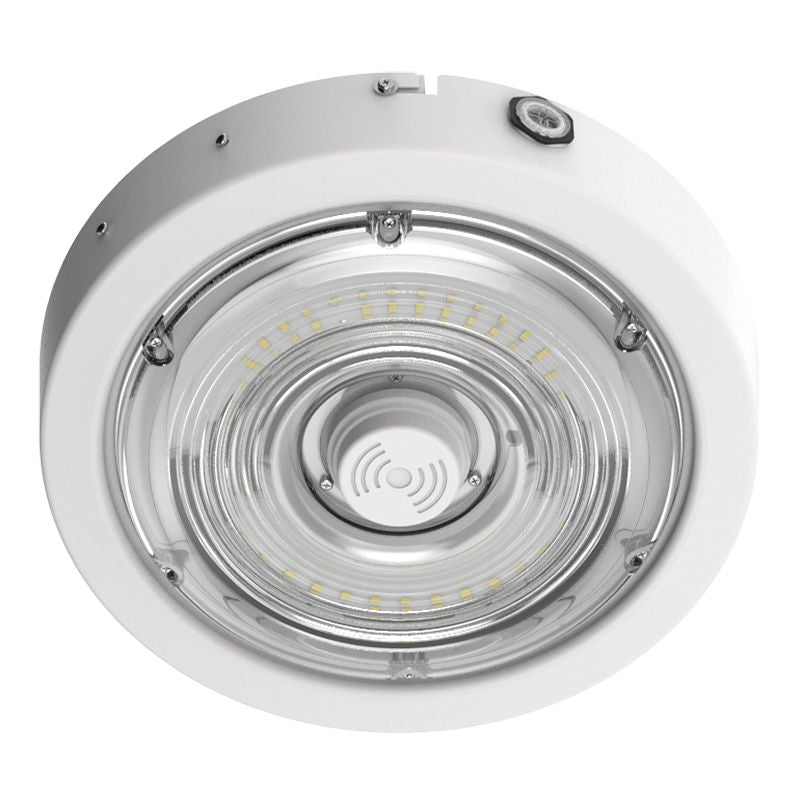 Round LED Garage and Ceiling Light with Sensor and Emergency Backup Battery, 6,750 Lumens, 30W/40W/50W Selectable, 120-277V, CCT Selectable 3000K/4000K/5000K, White Finish