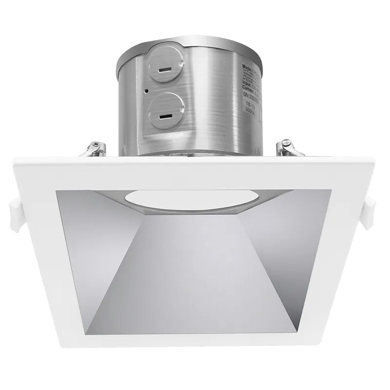 6 inch led square commercial recessed light with white square trim and metallic silver cylindrical base with reflective interior