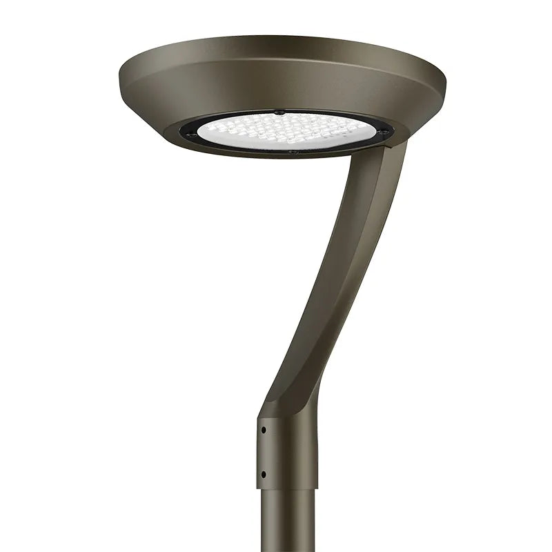 Bottom view of a low-profile, round dark bronze ceiling-mount LED solar light fixture showing its multi-diode lens array and metallic outer ring.   
