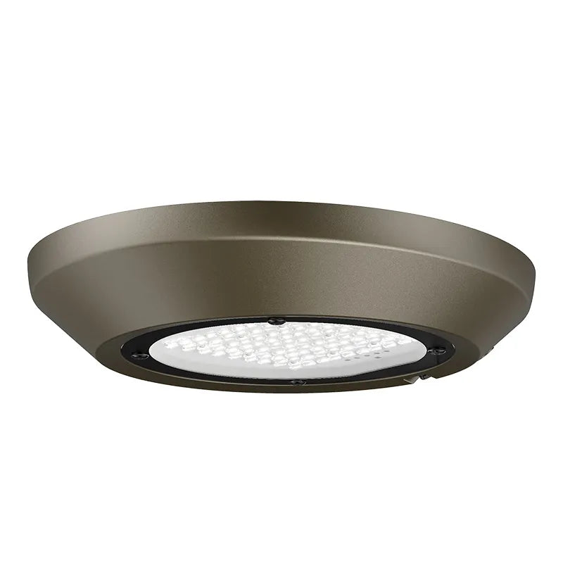 A modern flush-mount LED ceiling light fixture in a matte bronze finish, shown from a direct overhead angle against a solid white background.