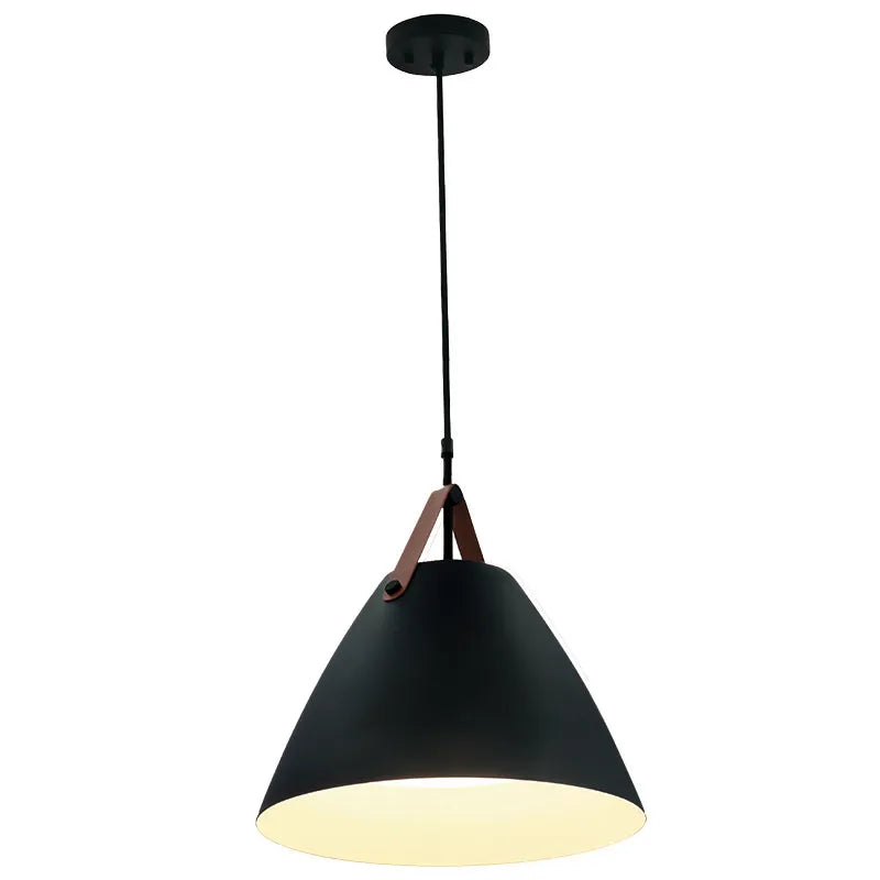 Nordic Design Pendant Light with Leather Strap, 1400 Lumens, 25W, CCT Selectable, 120V, Black or White Finish