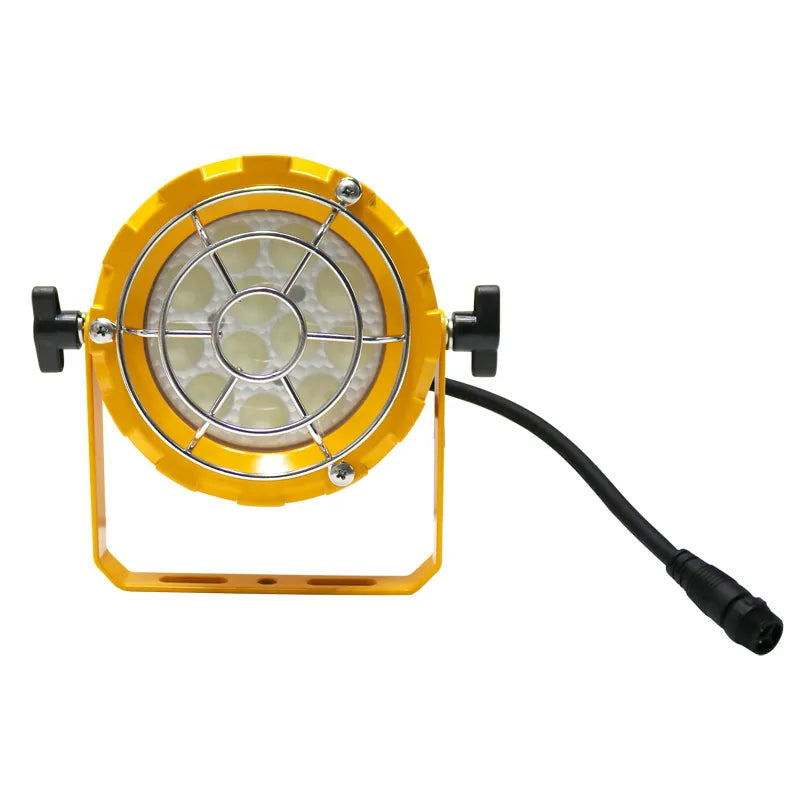 Yellow industrial led loading dock light with circular metal grid cover and black power cord 36W 5700K