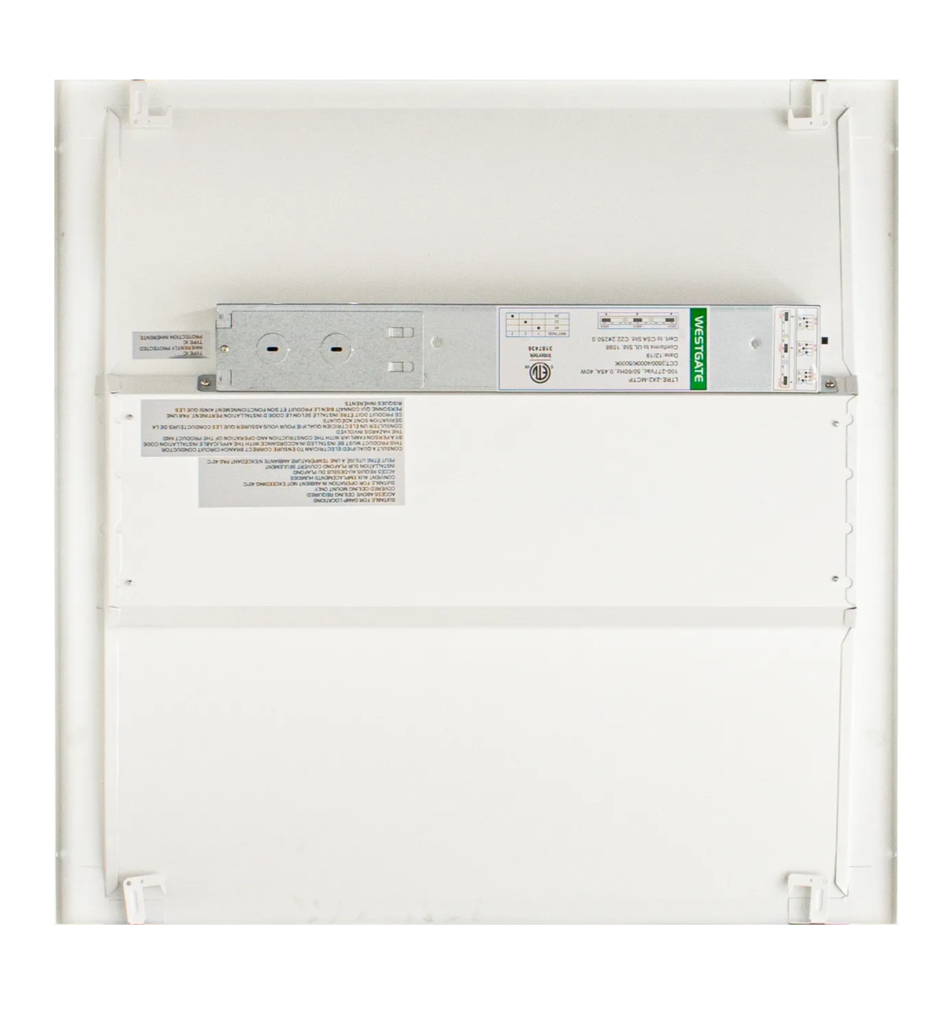 White metal server rack back panel showing technical specifications for 2 x 2 foot led selectable color temp troffers