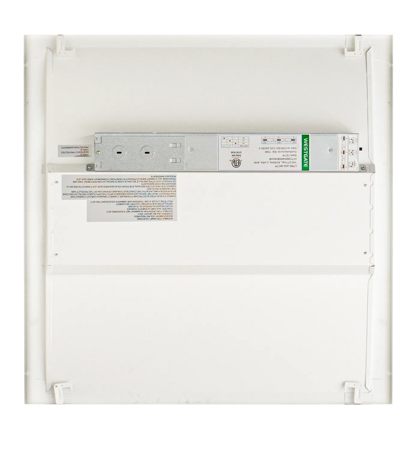 White metal server rack back panel showing technical specifications for 2 x 2 foot led selectable color temp troffers