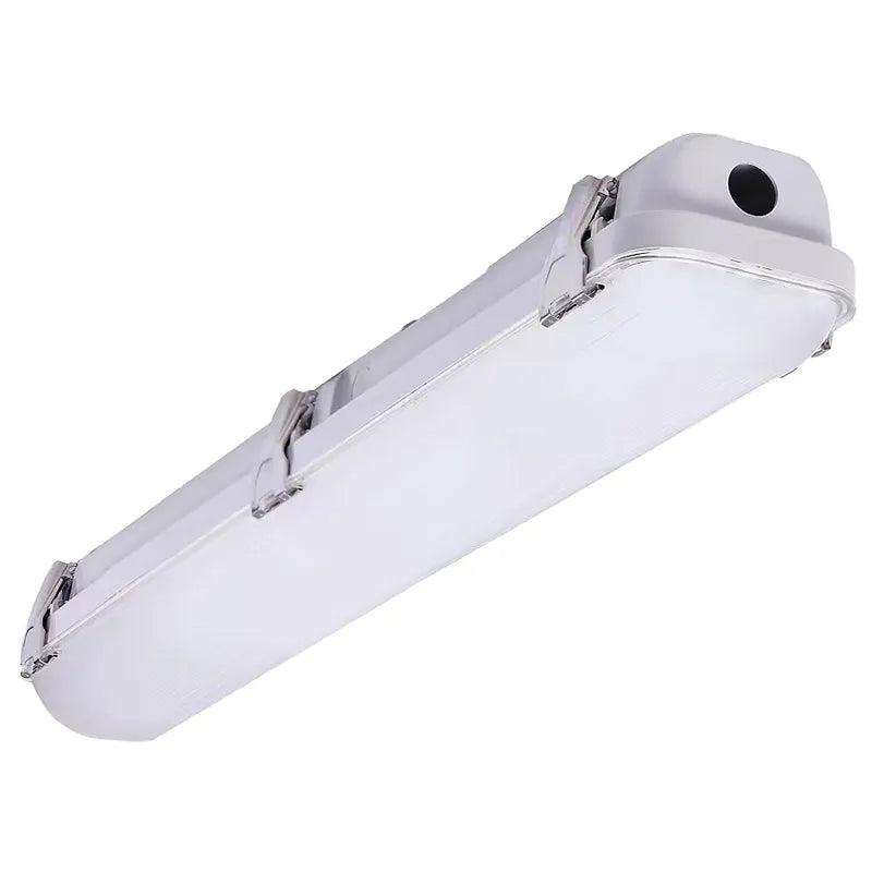 Silver finished 2 foot vapor tight fixture led wall mounted with frosted glass diffuser and visible mounting hardware