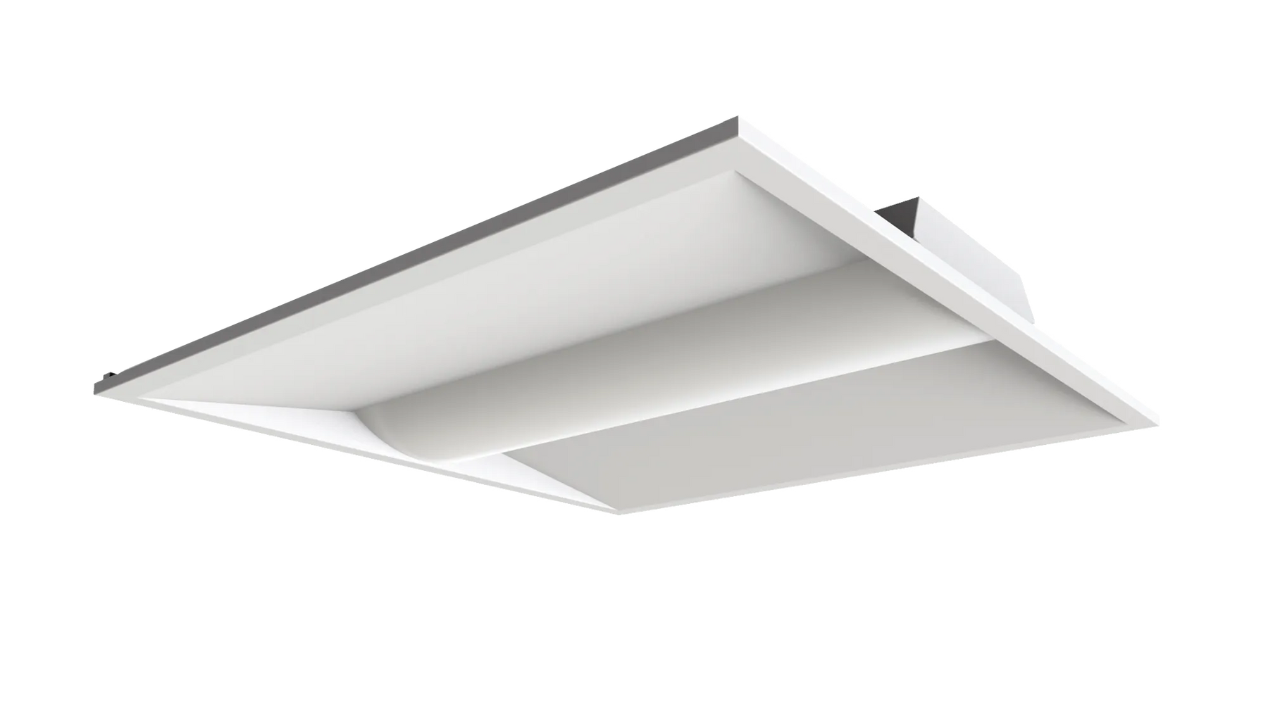 White rectangular recessed ceiling light fixture with sleek design in 2 x 2 foot led selectable color temp troffers