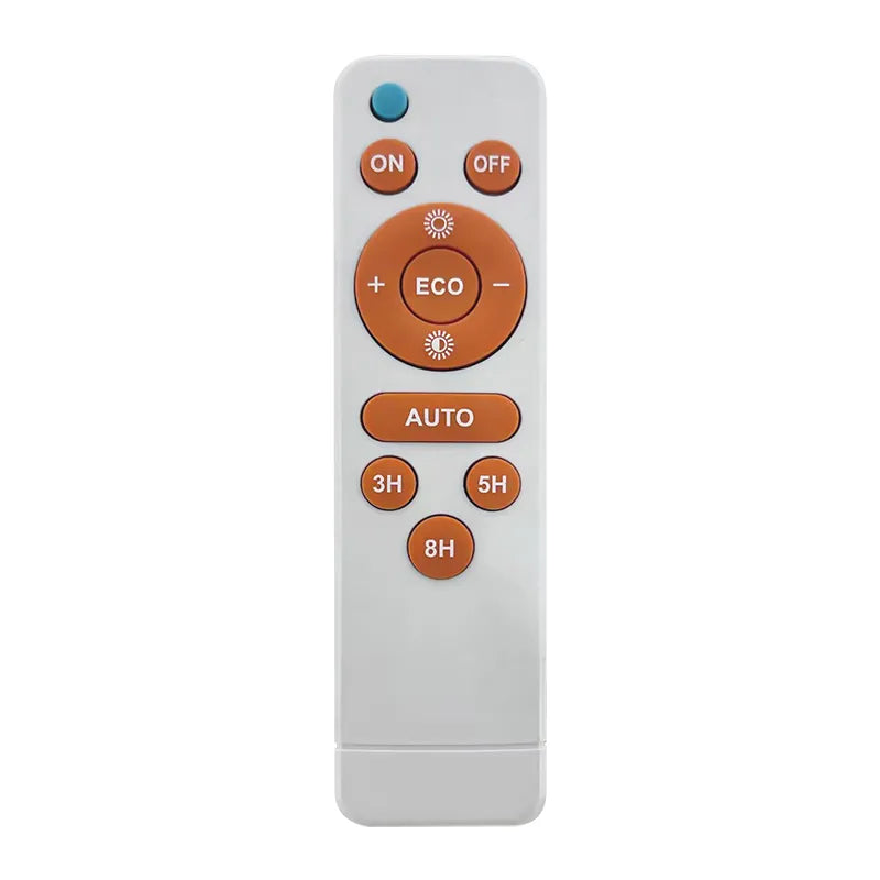 White remote control with orange buttons and blue power light for 2ft solar sign light with universal mounting