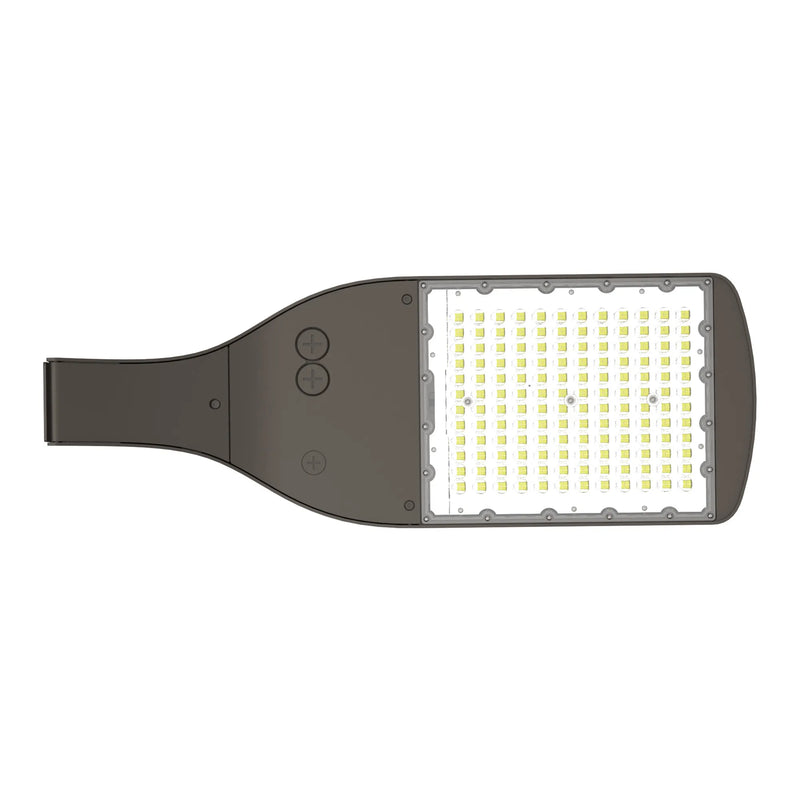 Modern gray led area light with bright white leds cct selectable wattage and beam adjustable control buttons on side