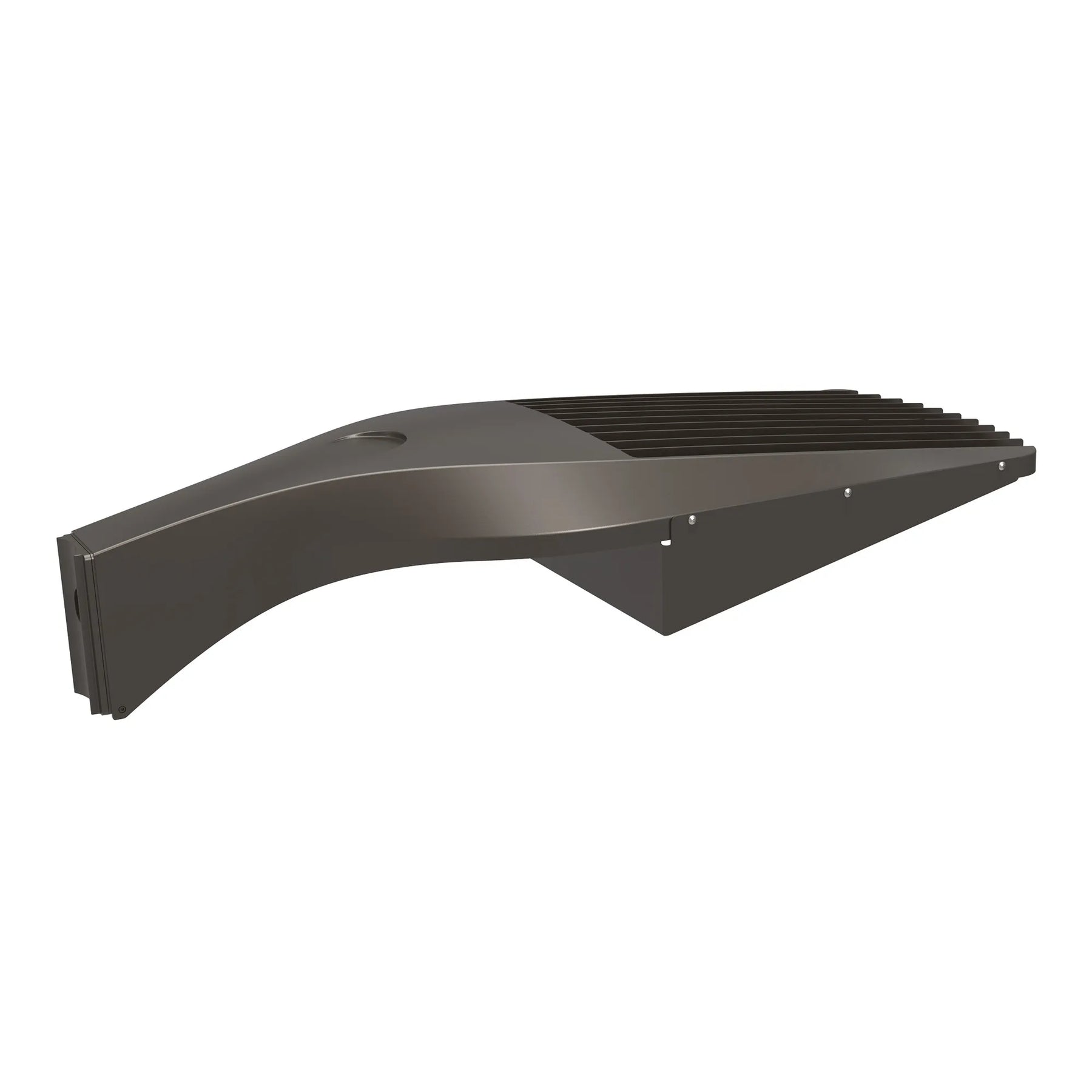 Modern matte black led area light fixture with angular design and heat-dissipating fins for efficient lighting