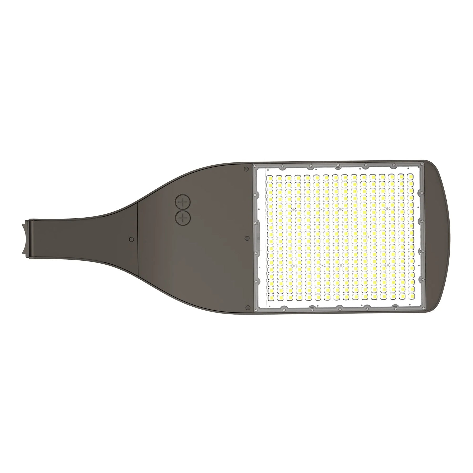 Modern led area light with dark gray housing, bright white led bulbs in grid, cct selectable, 51,000 lumen max