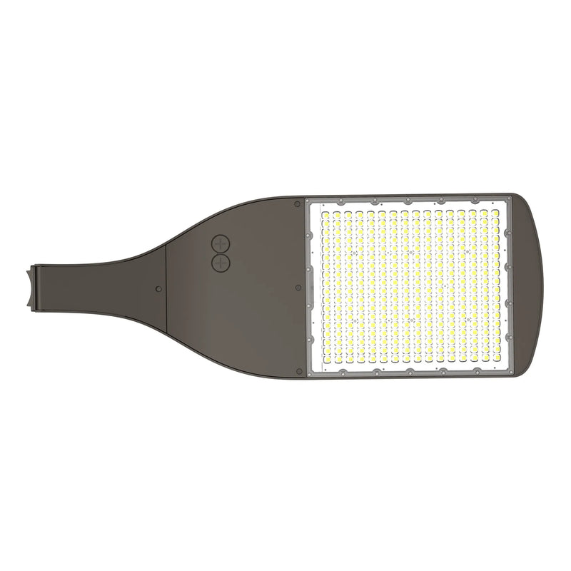 Modern led area light with dark gray housing, bright white led bulbs in grid, cct selectable, 51,000 lumen max