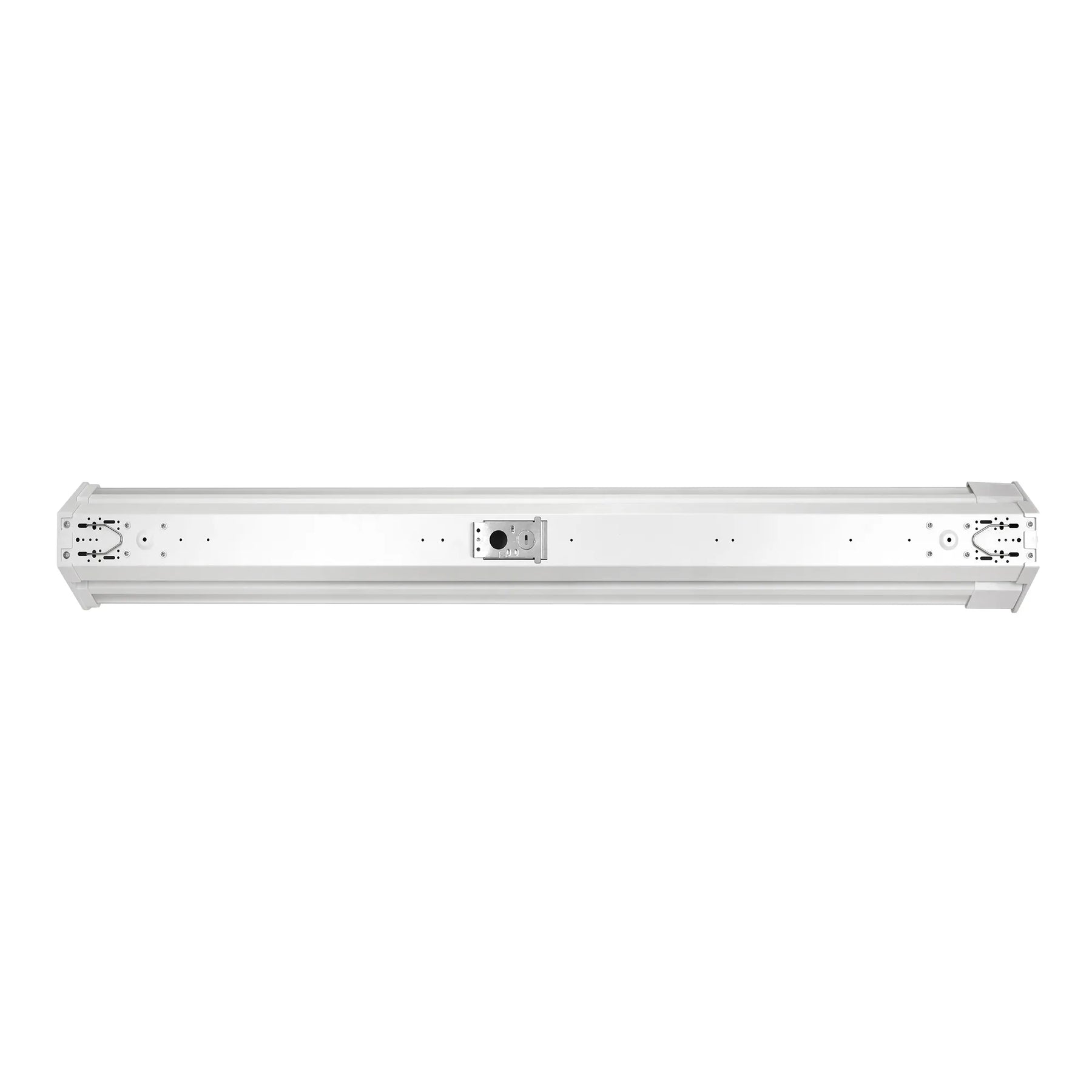 A long, narrow white metal fixture or bar with mounting holes and a small central label, shown horizontally on a plain white background.