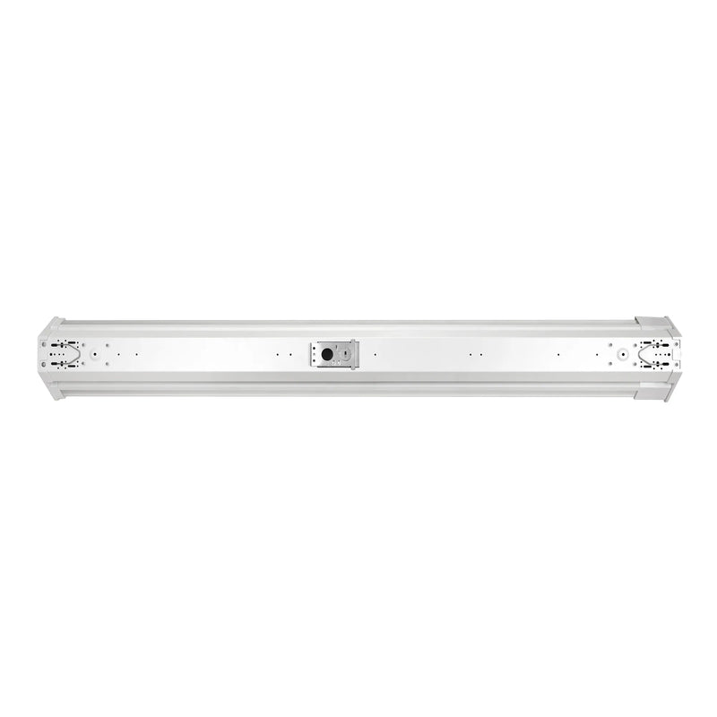 A long, narrow white metal fixture or bar with mounting holes and a small central label, shown horizontally on a plain white background.