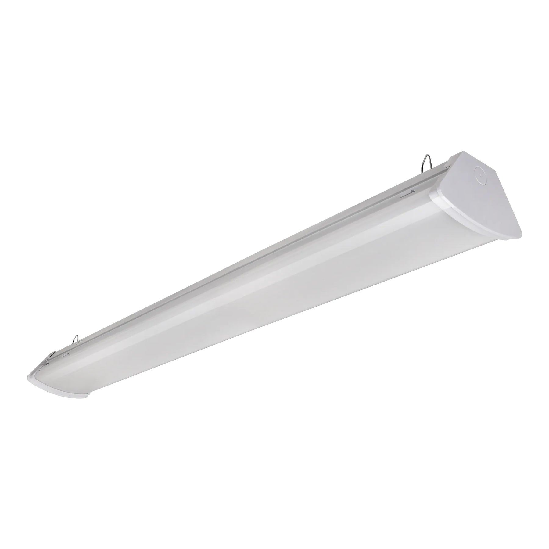 A long, rectangular white fluorescent light fixture with a triangular mounting cap, shown at an angle on a plain white background.
