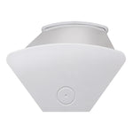 A white ceiling-mounted light fixture with a geometric, pyramid-like triangular shade and a circular central button or vent detail, shown against a plain white background.