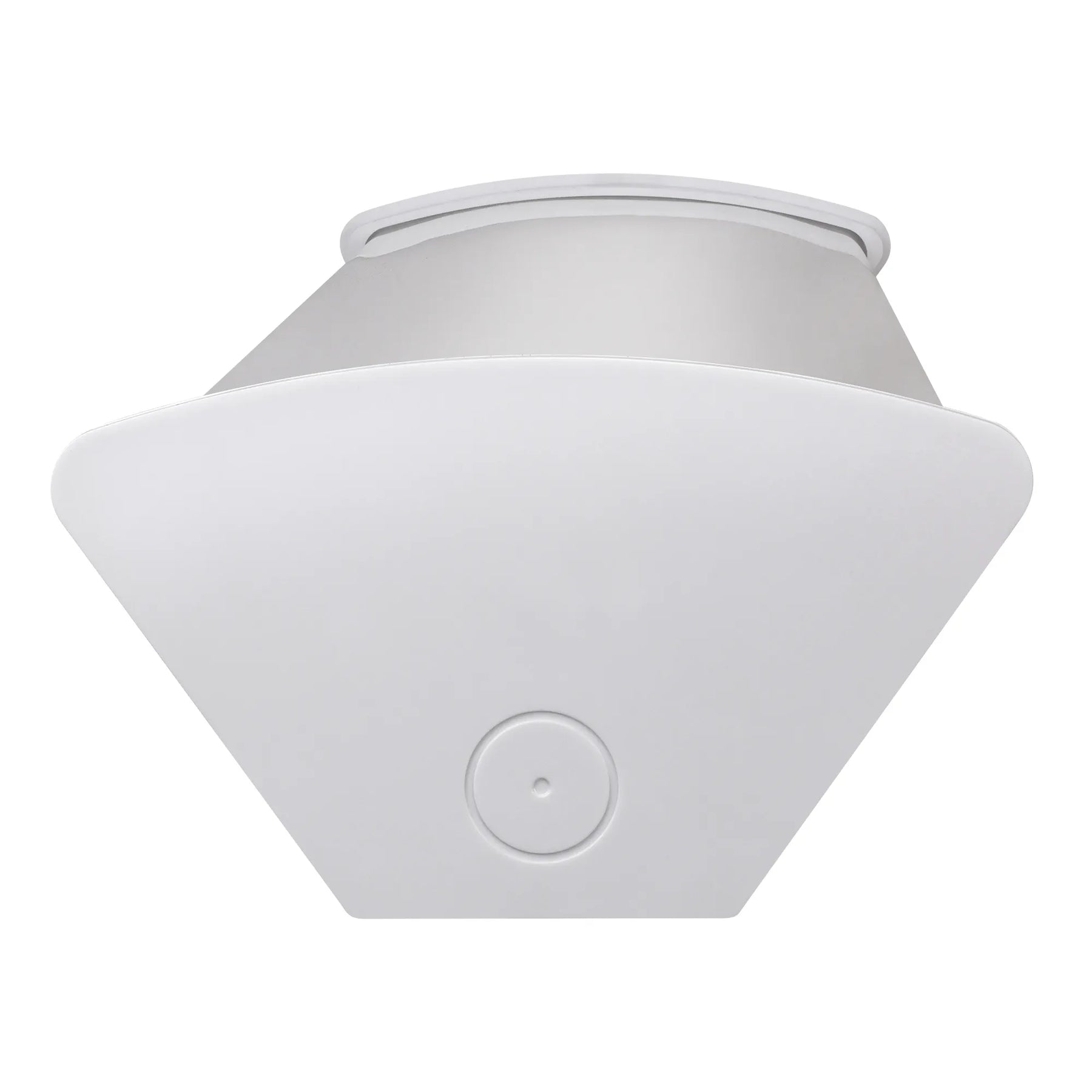 A white ceiling-mounted light fixture with a geometric, pyramid-like triangular shade and a circular central button or vent detail, shown against a plain white background.