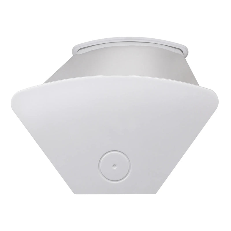 A white ceiling-mounted light fixture with a geometric, pyramid-like triangular shade and a circular central button or vent detail, shown against a plain white background.