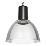 A modern industrial pendant light with a ribbed clear glass dome shade and a black metal canopy and hanger, shown against a plain white background.