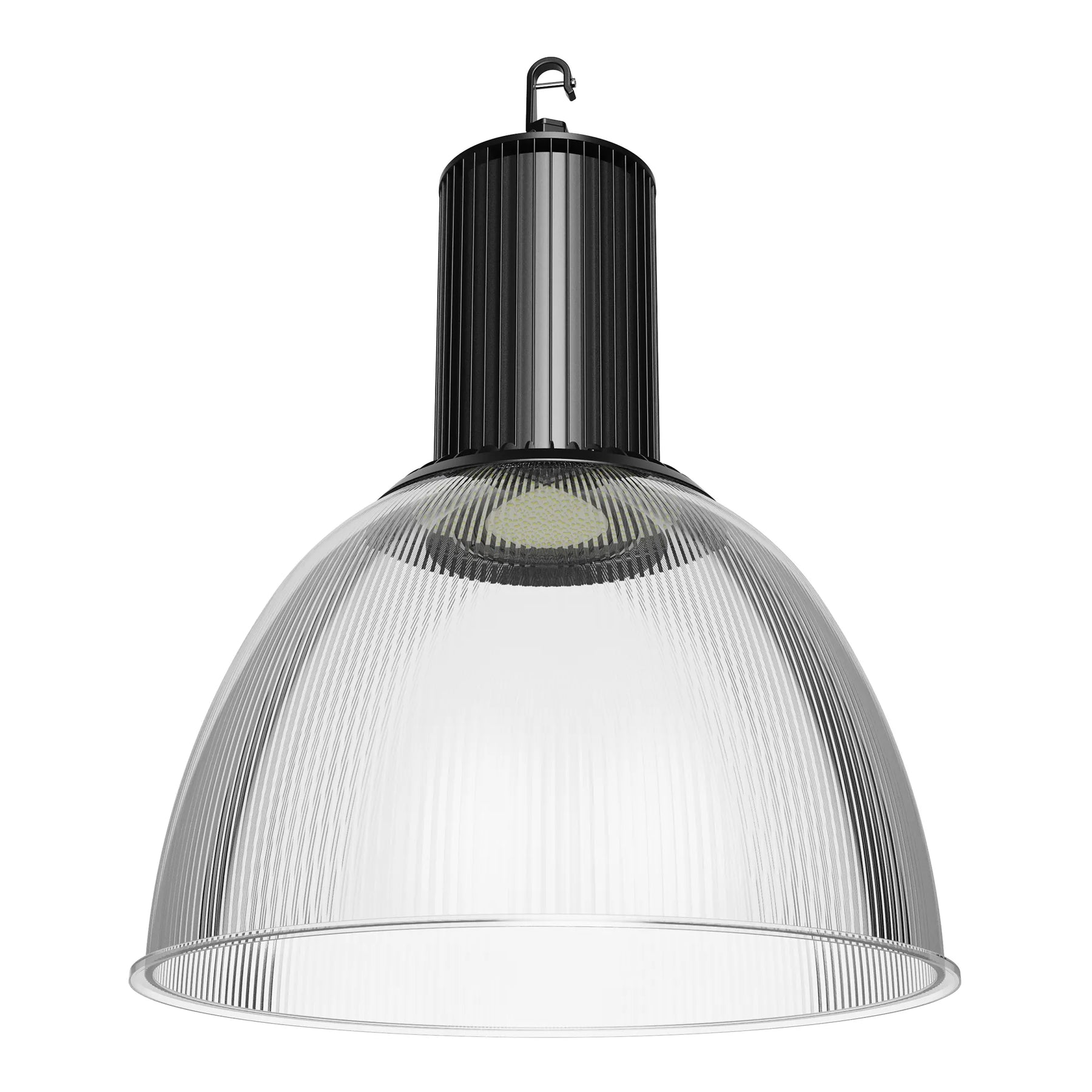 A modern industrial pendant light with a ribbed clear glass dome shade and a black metal canopy and hanger, shown against a plain white background.
