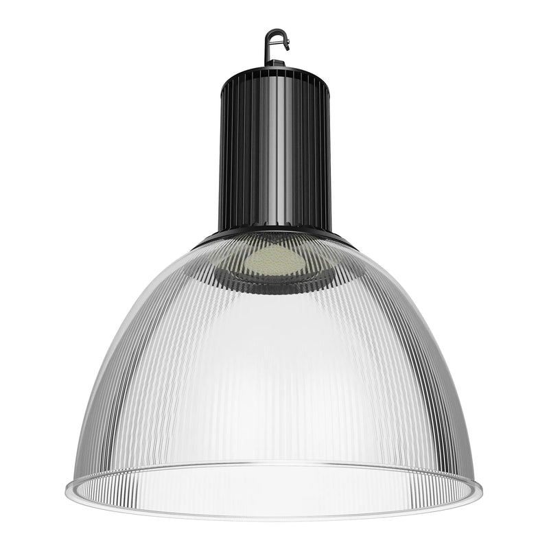 A modern industrial pendant light with a ribbed clear glass dome shade and a black metal canopy and hanger, shown against a plain white background.