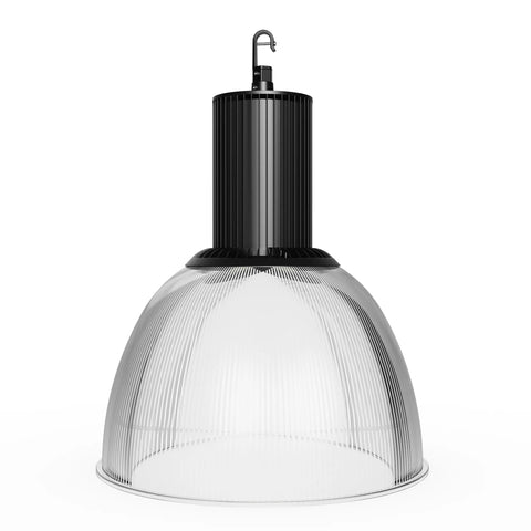 A modern industrial pendant light with a ribbed clear glass dome shade and a black metal canopy and hanger, shown against a plain white background.