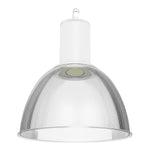 A modern industrial pendant light with a ribbed clear glass dome shade and a white ribbed metal neck, suspended by a small metal hook against a plain white background.