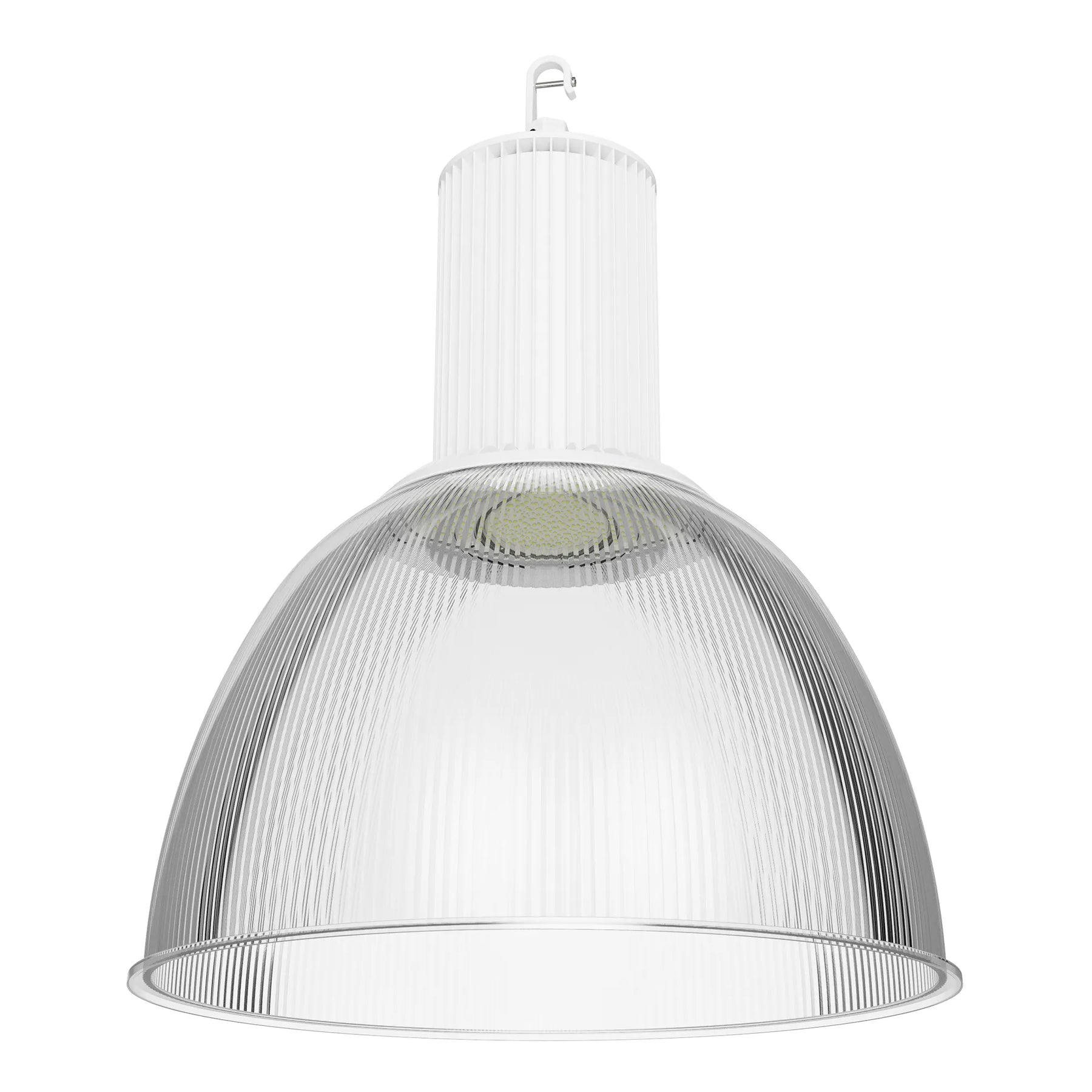 A modern industrial pendant light with a ribbed clear glass dome shade and a white ribbed metal neck, suspended by a small metal hook against a plain white background.