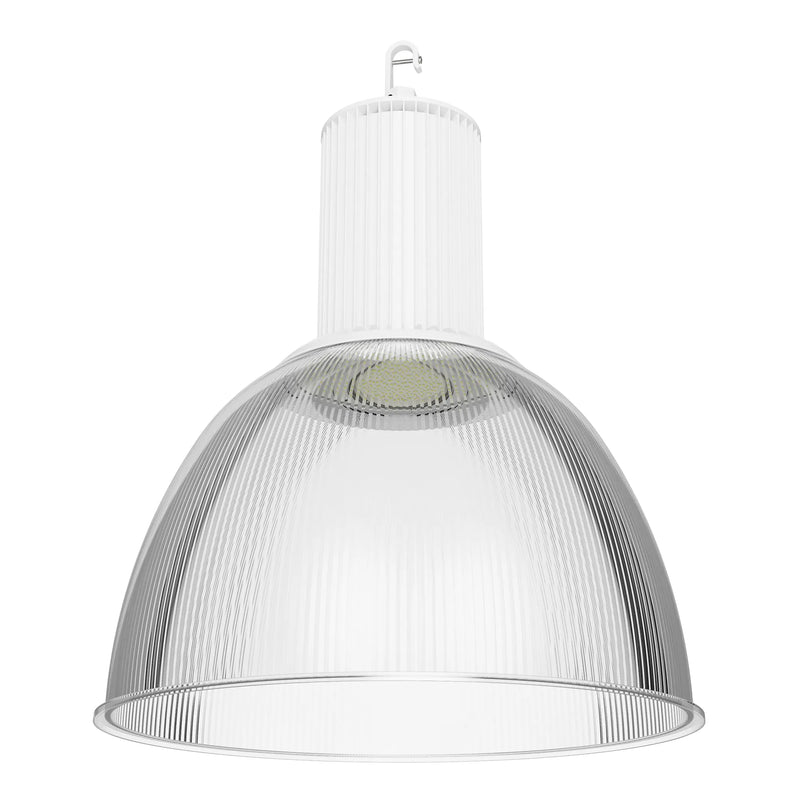 A modern industrial pendant light with a ribbed clear glass dome shade and a white ribbed metal neck, suspended by a small metal hook against a plain white background.