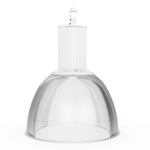 A modern industrial pendant light with a ribbed clear acrylic dome shade and a white ribbed cylindrical neck, suspended by a silver metal hook against a white background.