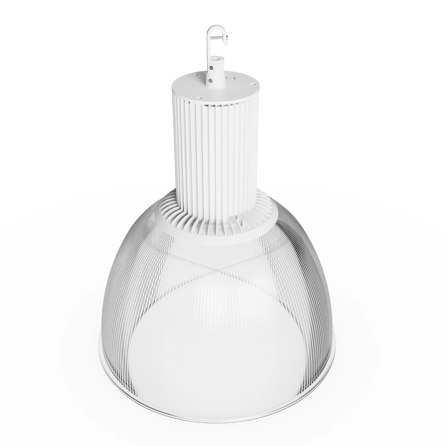A white industrial pendant light fixture with a ribbed metal dome shade and a central cylindrical neck, shown against a plain white background.