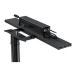 Black metal stand with adjustable arm on a white background