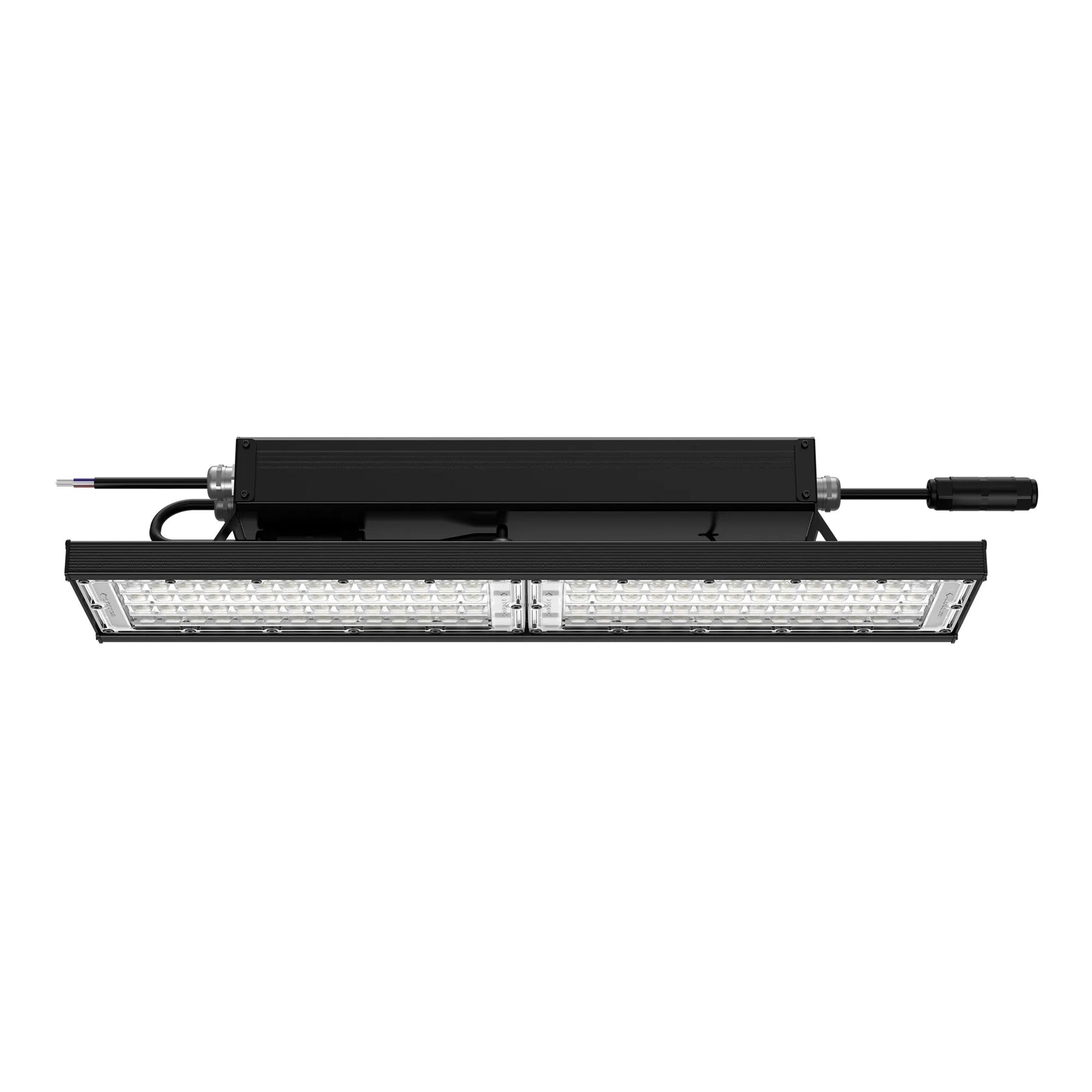 Black industrial light fixture on a white background