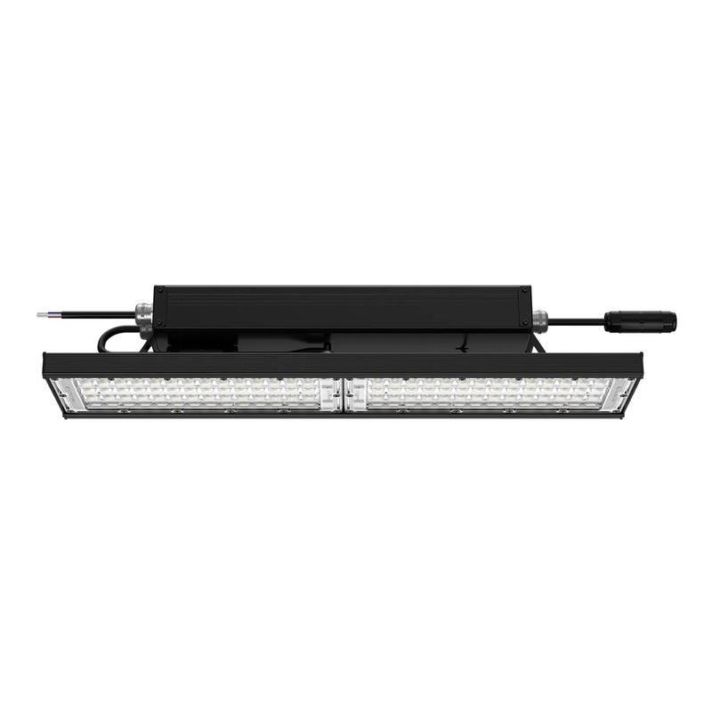 Black industrial light fixture on a white background