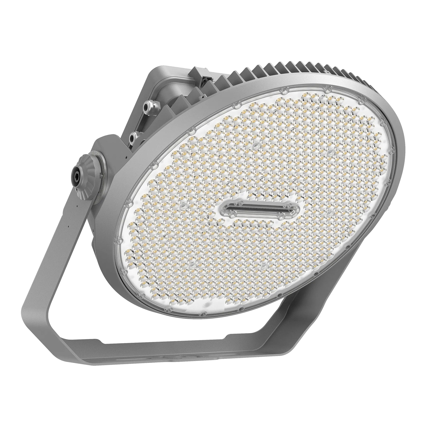 Round industrial light fixture with visible LED elements on a white background