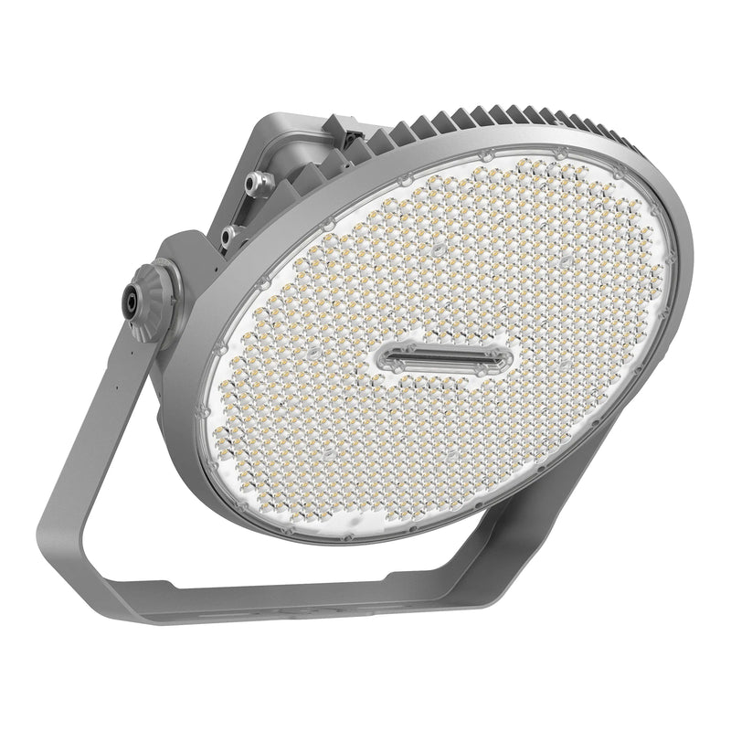 Round industrial light fixture with visible LED elements on a white background