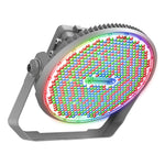 Colorful LED light fixture with a brand logo on a white background