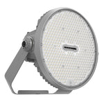 Round industrial light fixture with visible LED elements on a white background