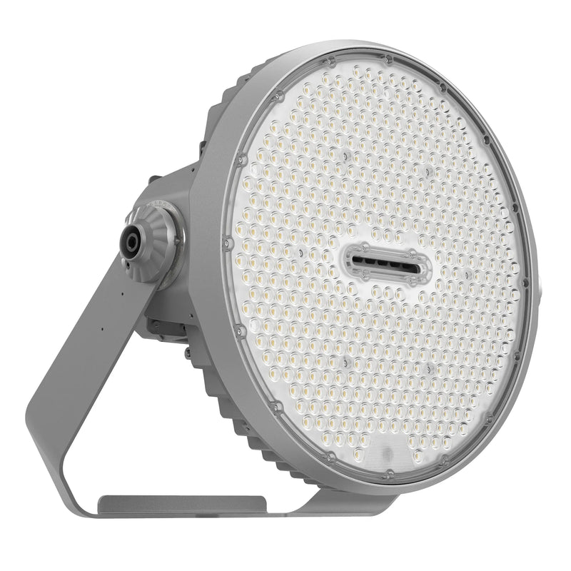 Round industrial light fixture with visible LED elements on a white background
