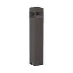A modern square outdoor bollard light fixture in a bronze finish, shown against a plain white background.