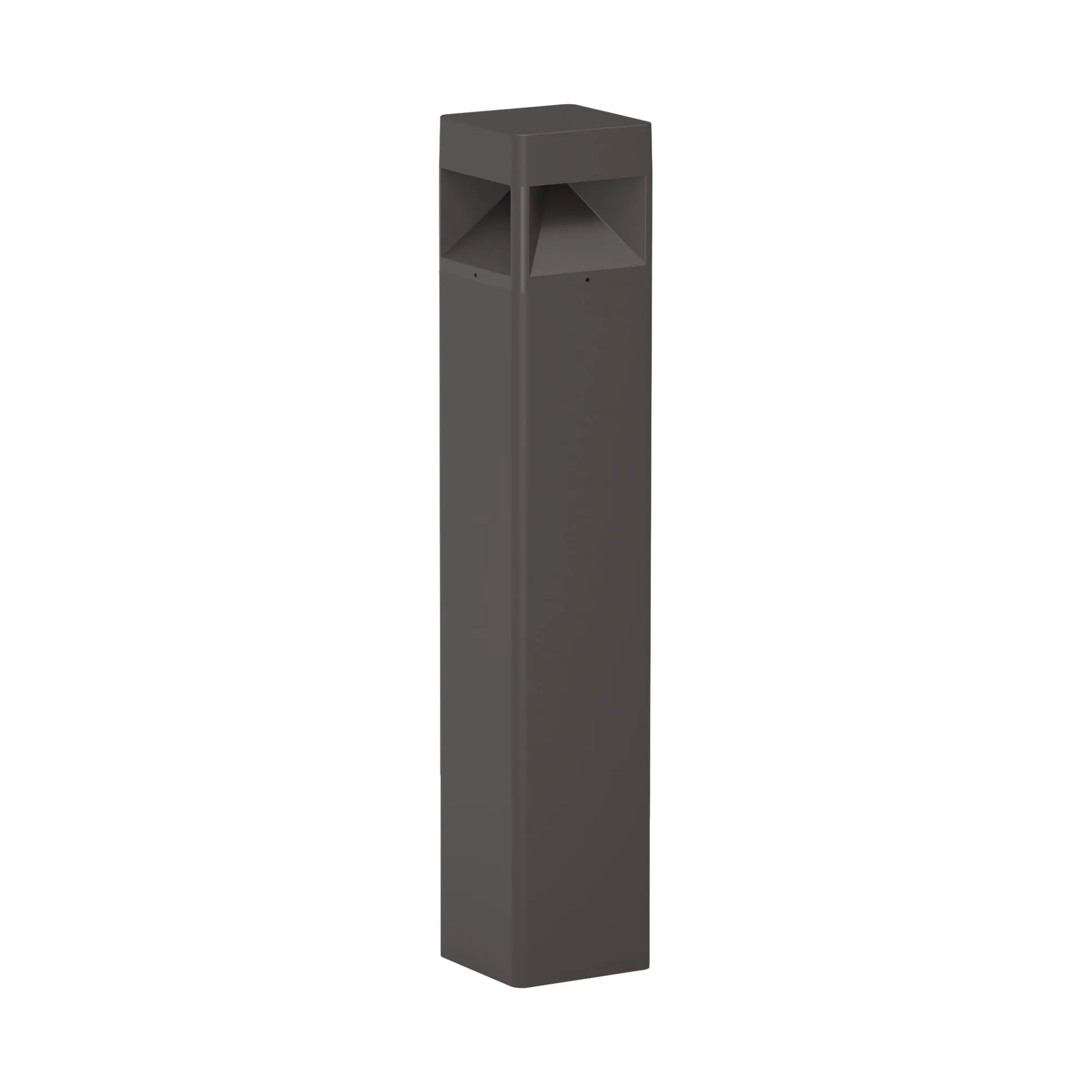 A modern square outdoor bollard light fixture in a bronze finish, shown against a plain white background.