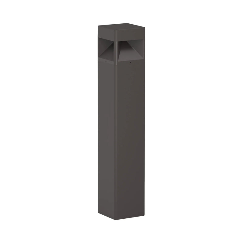 A modern square outdoor bollard light fixture in a bronze finish, shown against a plain white background.