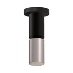 Modern cylindrical pendant light fixture with a matte black upper body and a brushed nickel lower shade, shown against a plain white background.