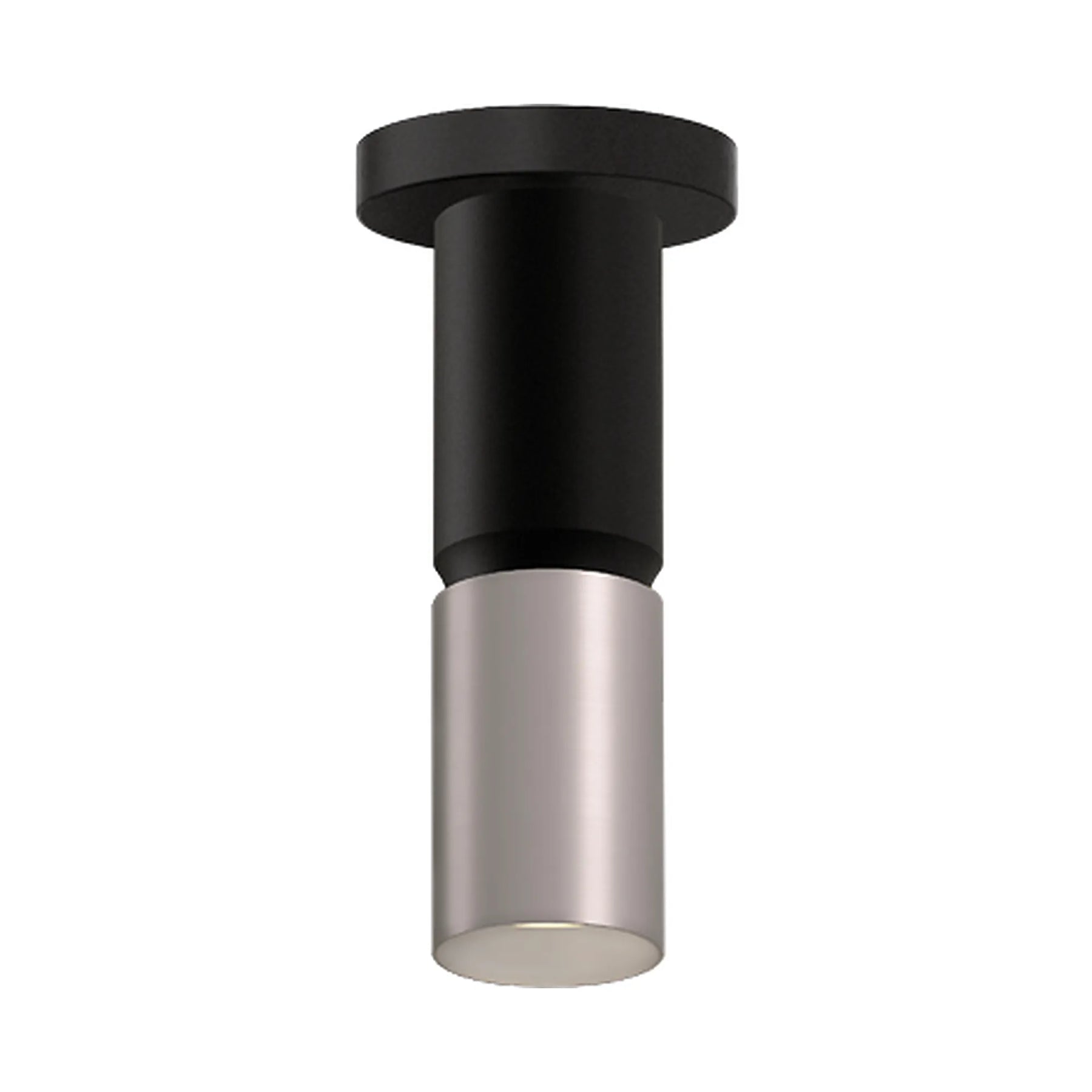 Modern cylindrical pendant light fixture with a matte black upper body and a brushed nickel lower shade, shown against a plain white background.