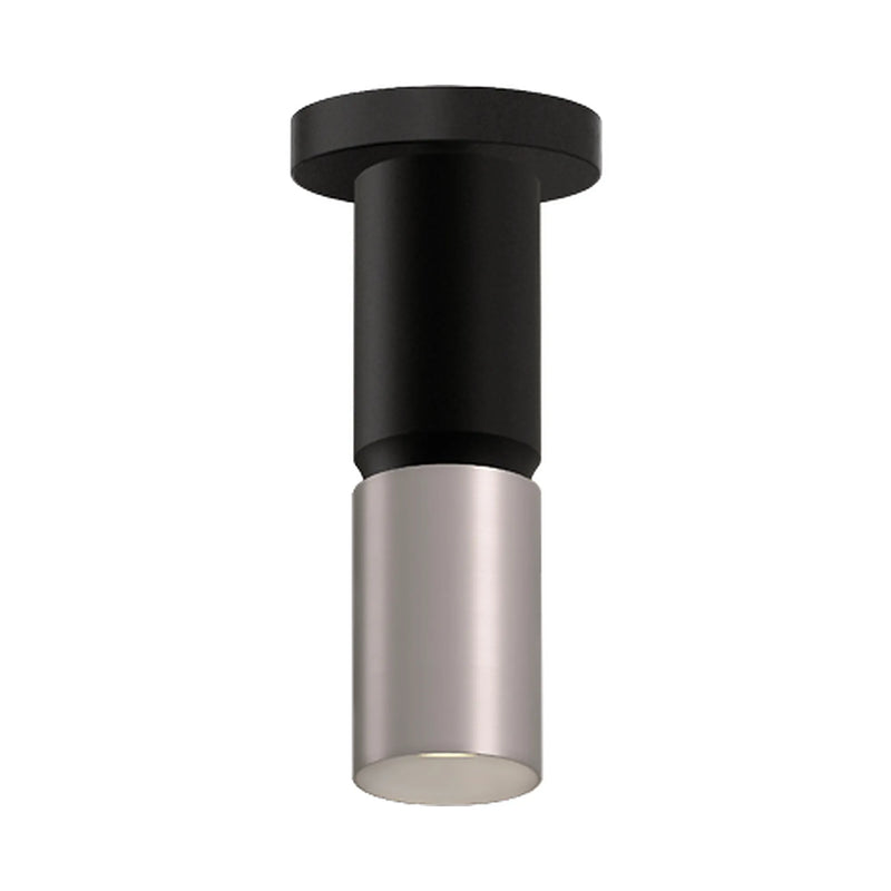 Modern cylindrical pendant light fixture with a matte black upper body and a brushed nickel lower shade, shown against a plain white background.