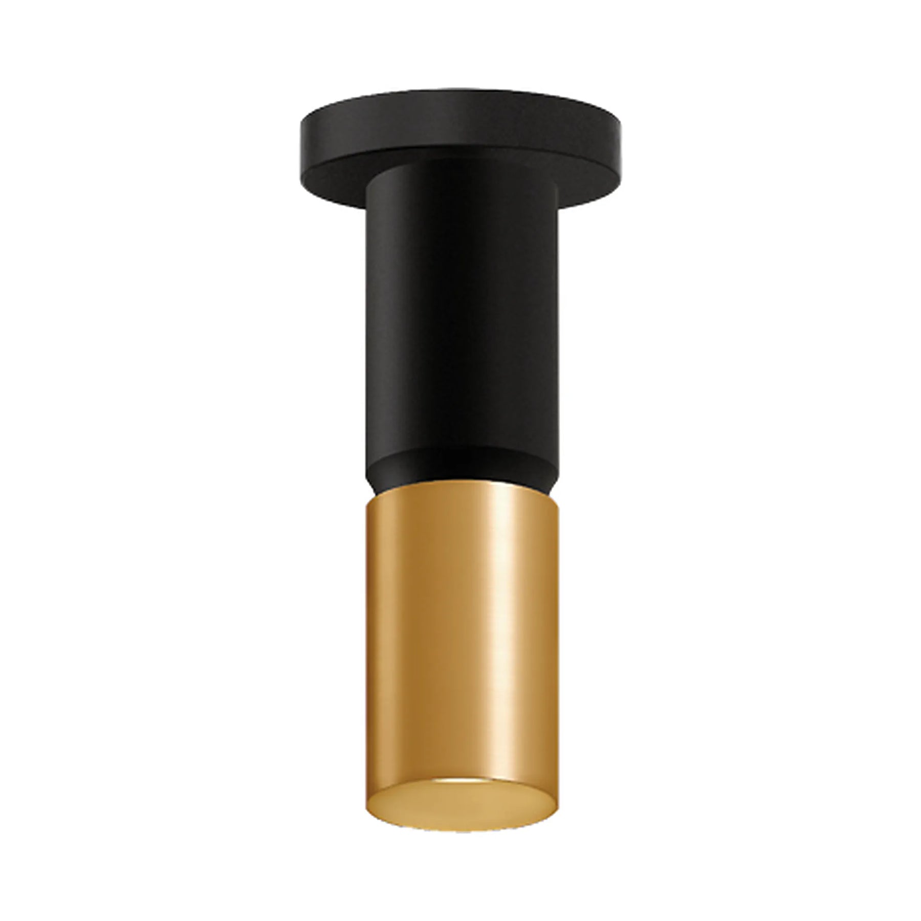 A modern cylindrical wall light fixture with a matte black upper body and a brushed gold lower shade, shown against a plain white background.