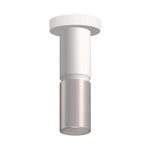 A modern cylindrical ceiling light fixture with a white top canopy and a brushed nickel lower shade, shown against a plain white background.