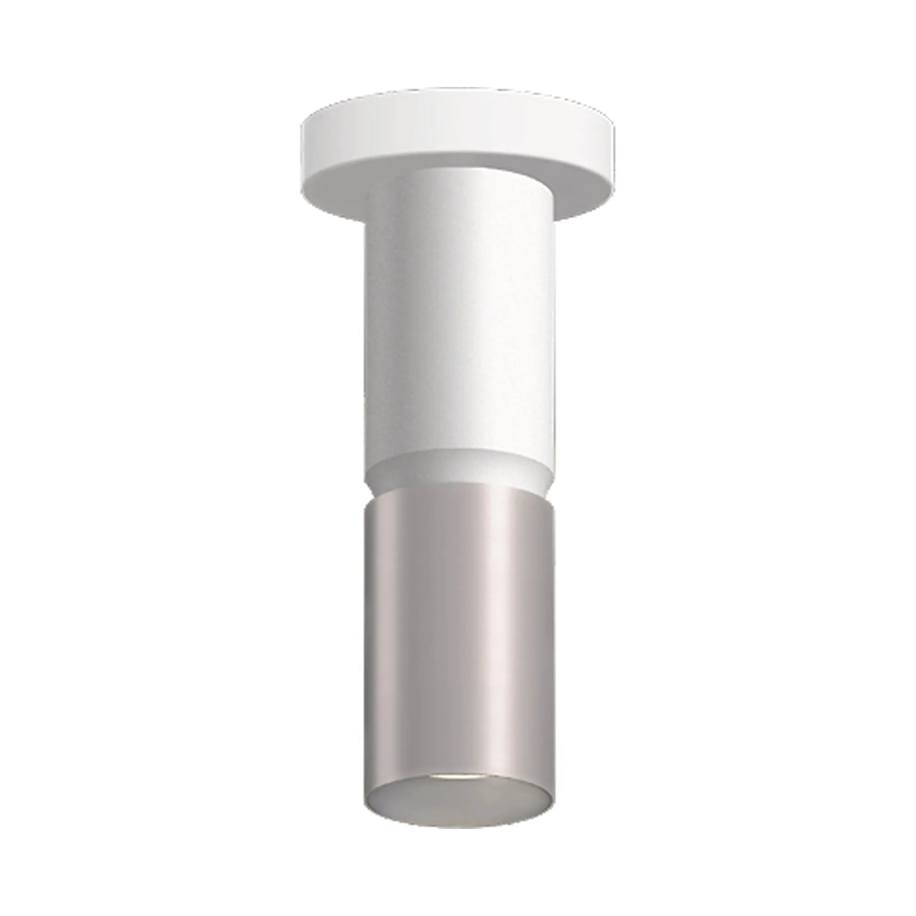 A modern cylindrical ceiling light fixture with a white top canopy and a brushed nickel lower shade, shown against a plain white background.